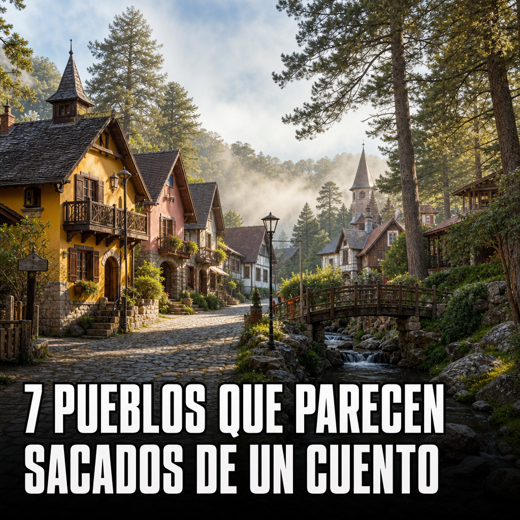 Calle empedrada de un pueblo con casas de estilo alpino entre árboles, con el texto '7 pueblos que parecen sacados de un cuento'