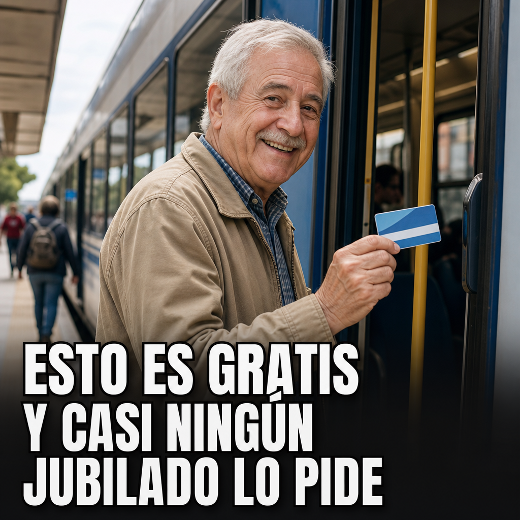 Jubilado sonriente subiendo a un tren y mostrando su tarjeta SUBE, con el texto 'Esto es gratis y casi ningún jubilado lo pide'