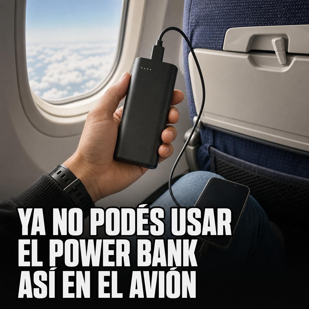 Persona sosteniendo un power bank conectado a un celular en un avión, con el texto 'Ya no podés usar el power bank así en el avión'