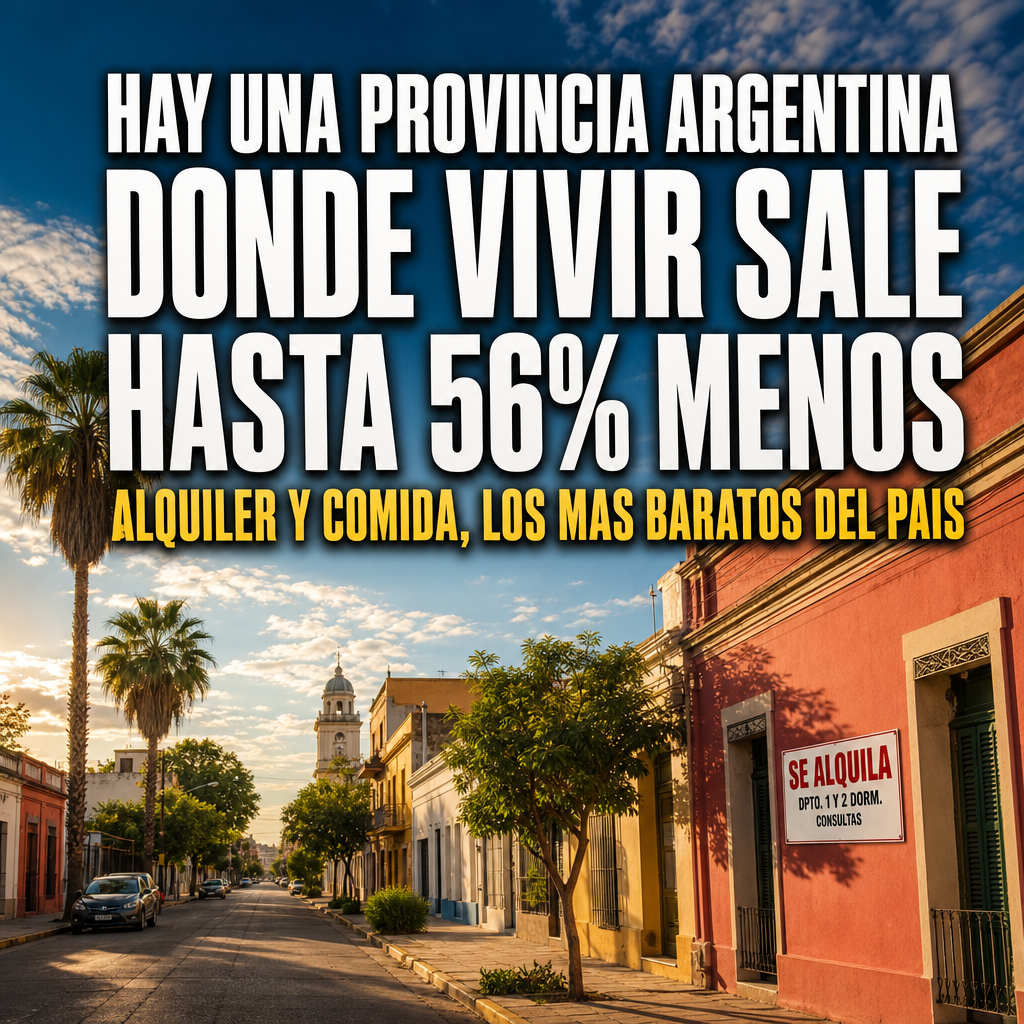 Calle residencial soleada con cartel de alquiler en una ciudad del norte argentino