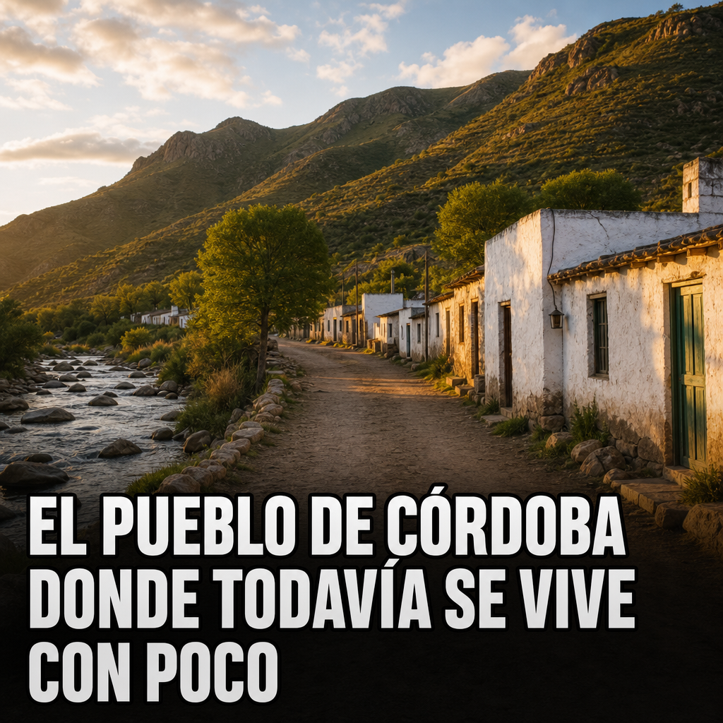 Calle de tierra con casas bajas y río en San Marcos Sierras, Córdoba, con el texto 'El pueblo de Córdoba donde todavía se vive con poco'