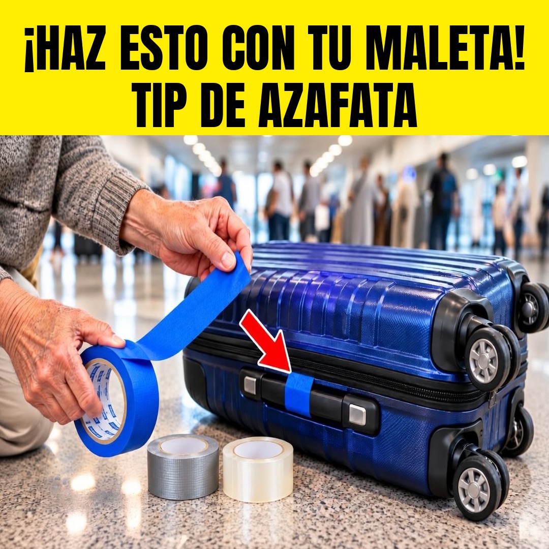 Mano colocando cinta azul en el asa de una maleta azul con ruedas, junto a rollos de cinta adhesiva, como truco de viaje de una azafata