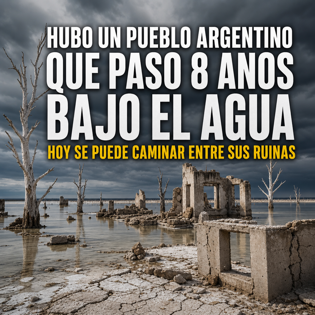 Ruinas sumergidas y árboles muertos en Villa Epecuén, Buenos Aires
