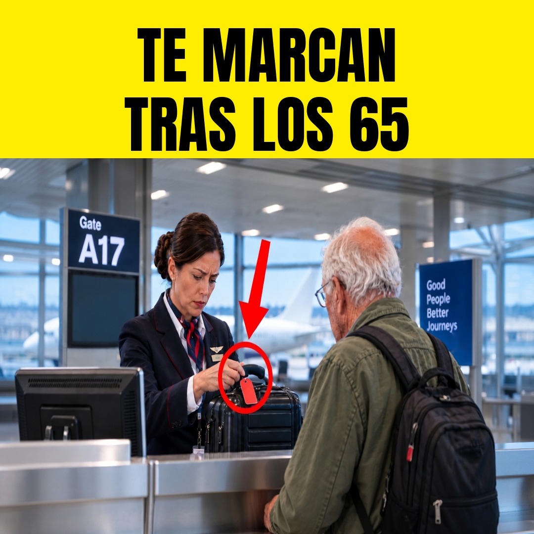 Azafata colocando una etiqueta roja en la maleta de un pasajero mayor en el mostrador del aeropuerto