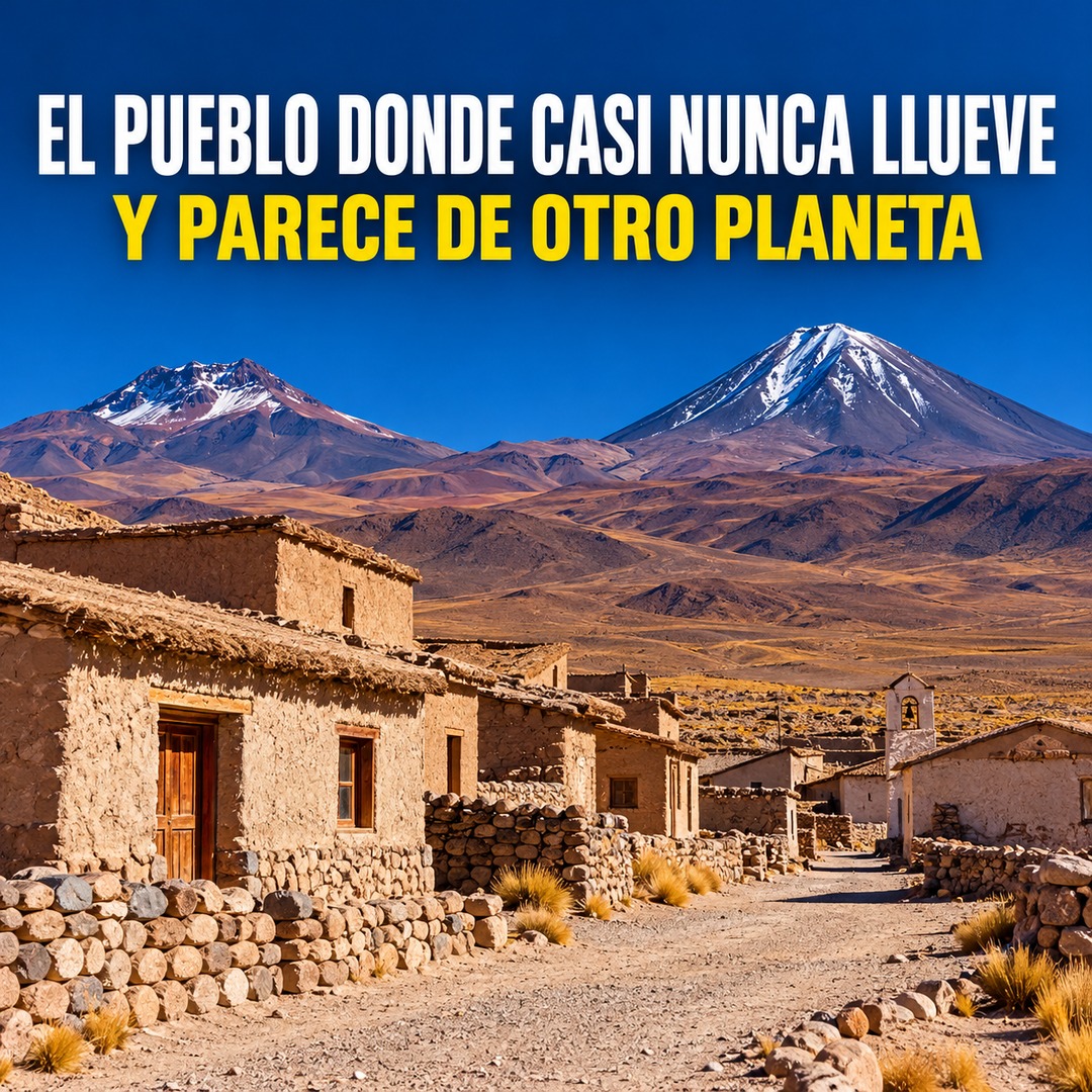 Pueblo de casas de adobe en la Puna catamarqueña, con volcanes de fondo y cielo despejado
