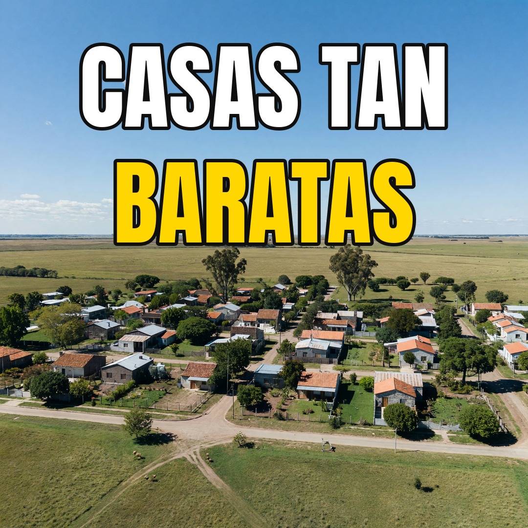 Vista aérea de un pueblo pequeño de la llanura argentina con casas sencillas y calles arboladas