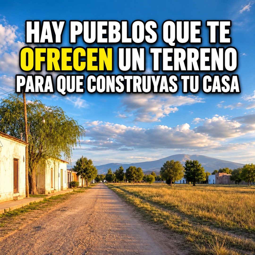 Calle de tierra de un pueblo argentino con terrenos libres y casas bajas bajo un cielo azul