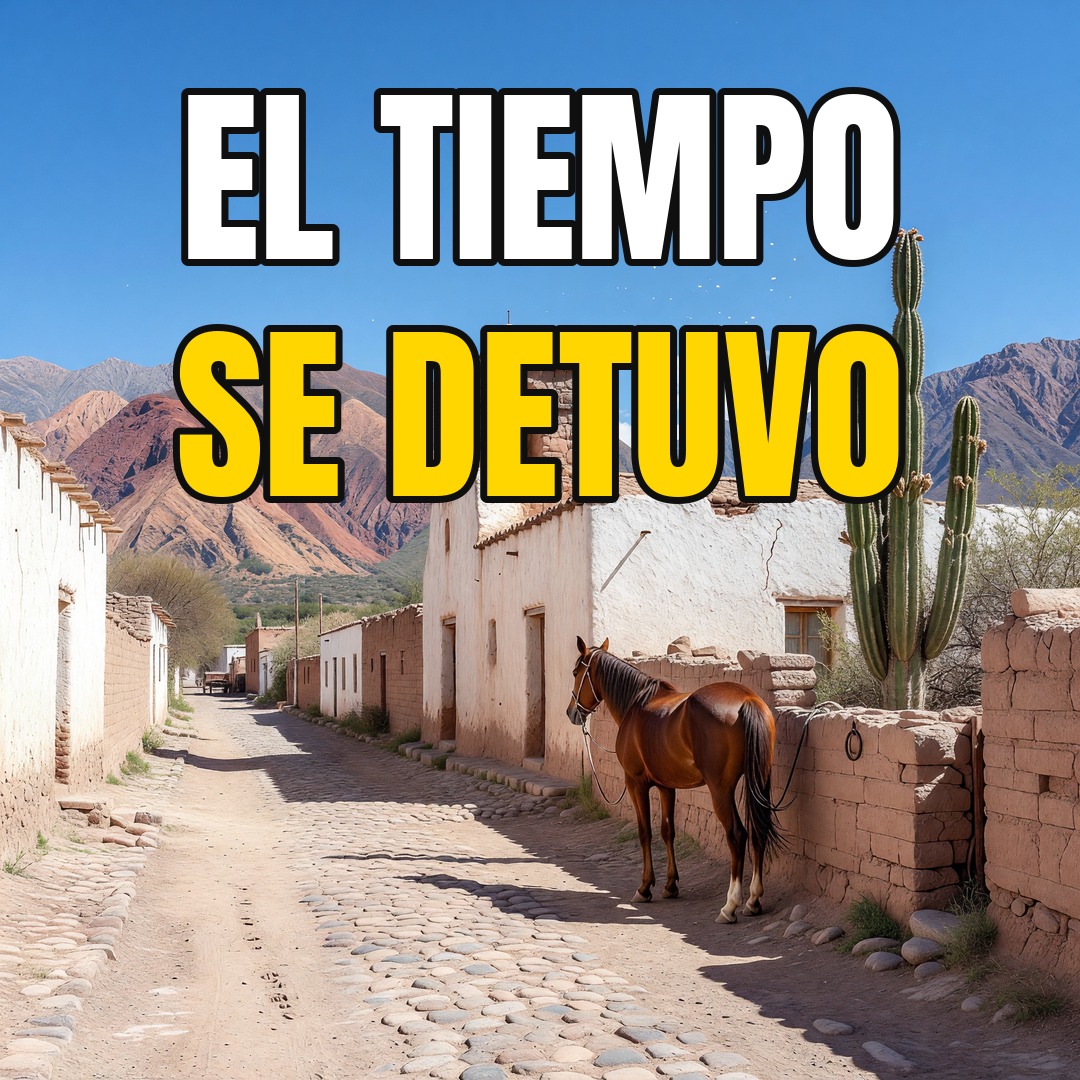 Calle de un pueblo colonial argentino con casas blancas, iglesia y montañas al fondo