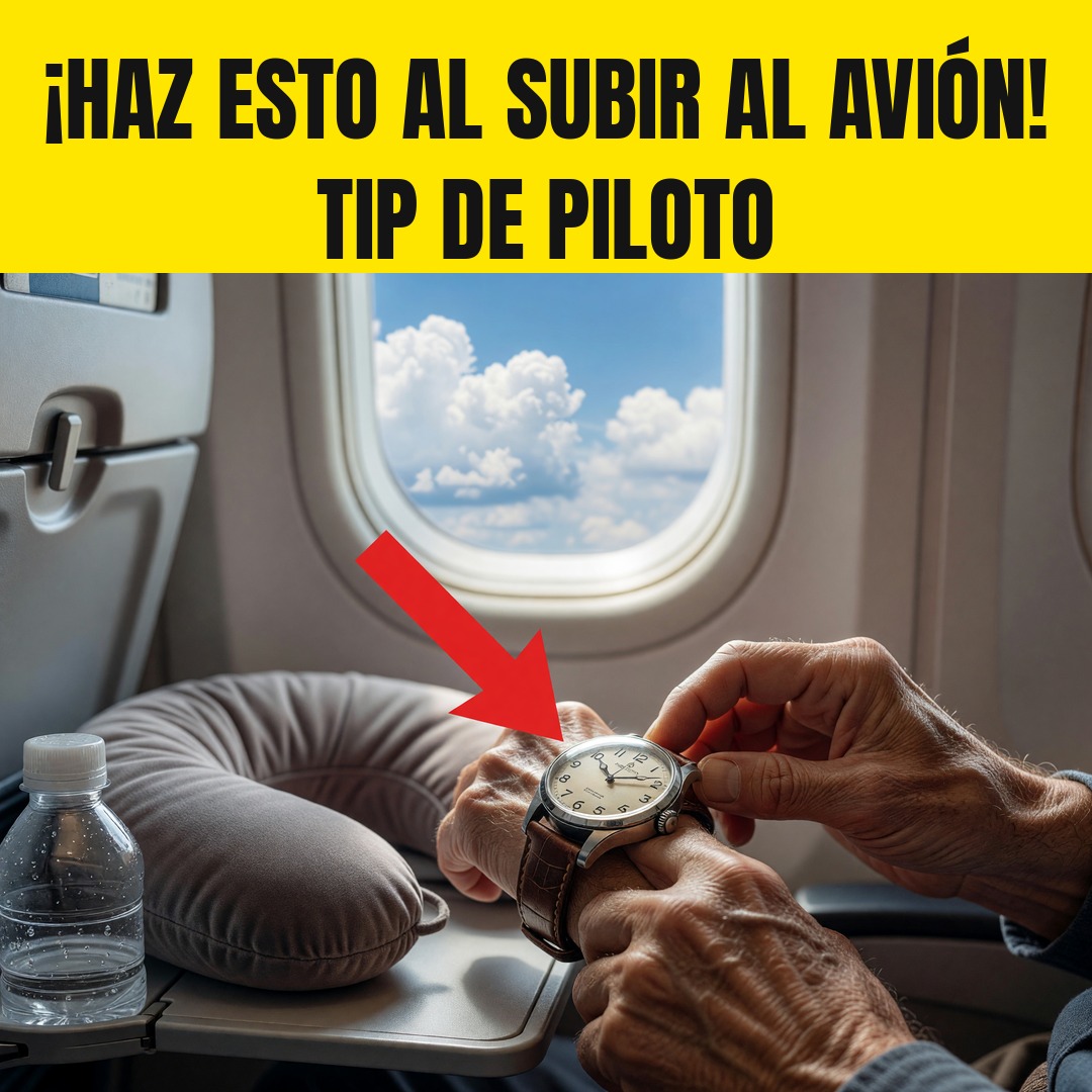 Manos de una persona ajustando la hora de su reloj dentro de la cabina de un avión